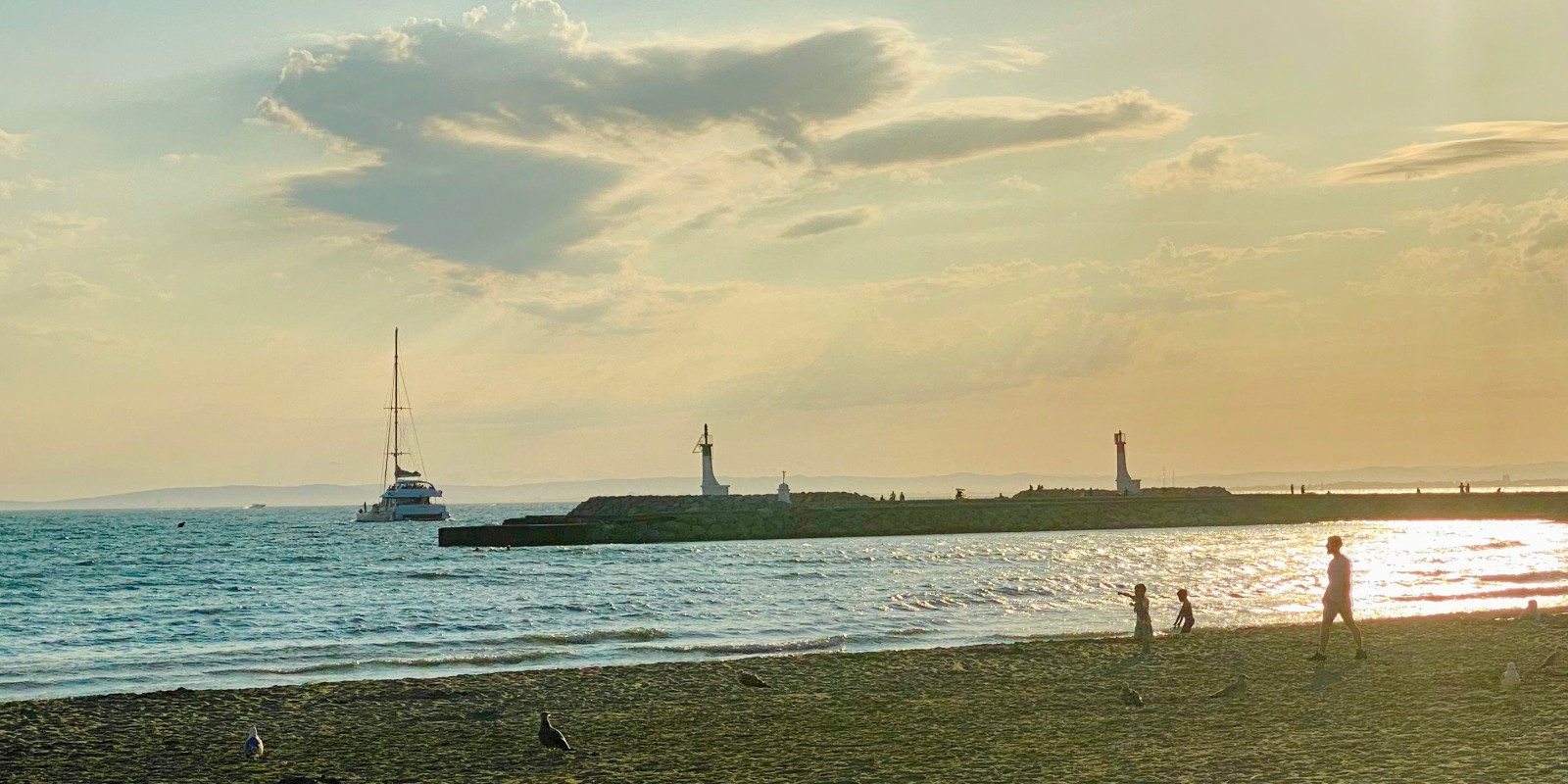 Mouettes, enfants et bateaux plage rive gauche au Grau-du-Roi