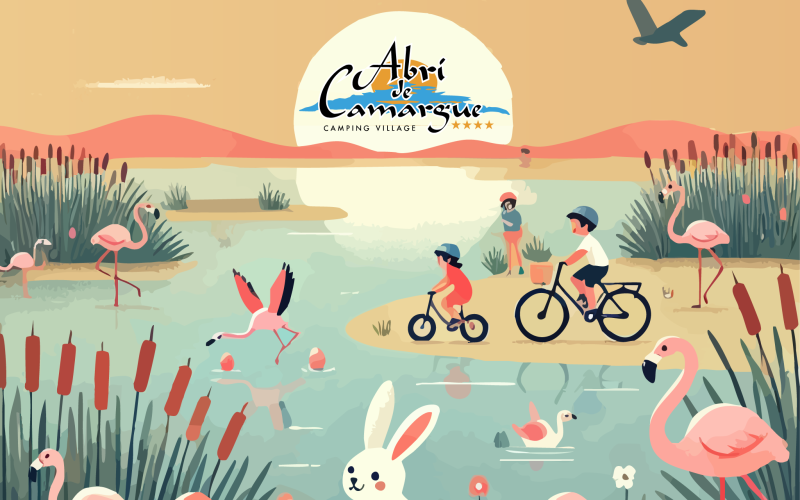 Joyeuses Pâques 2025 — carte de voeux avec des lapins, du chocolat et des flamands roses.