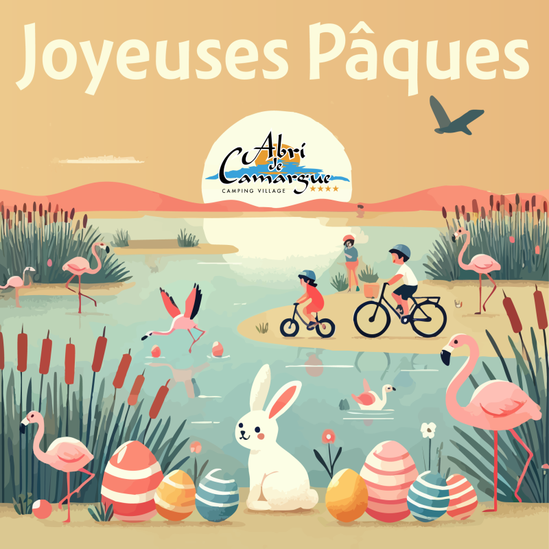 Joyeuses Pâques 2025 — carte de voeux avec des lapins, du chocolat et des flamands roses.